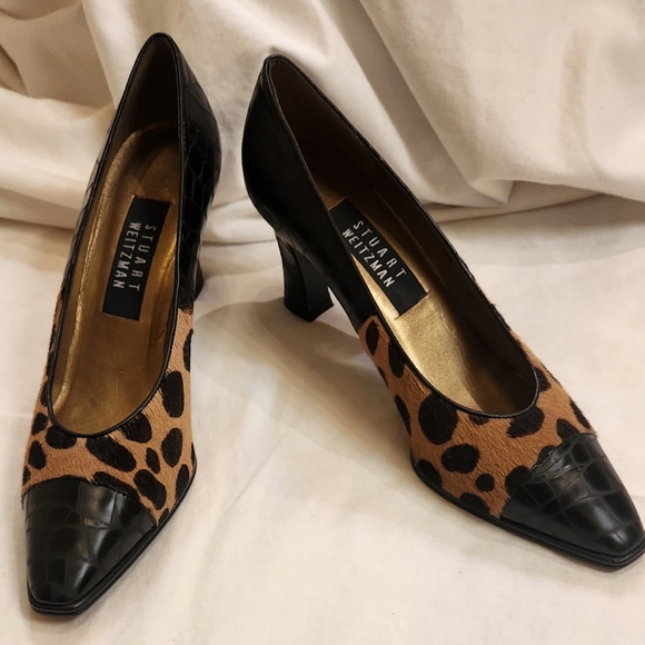 New Stuart Weitzman Leopard Print & Black Croc-Embossed Women's Heels size 8 - Picture 2 of 6